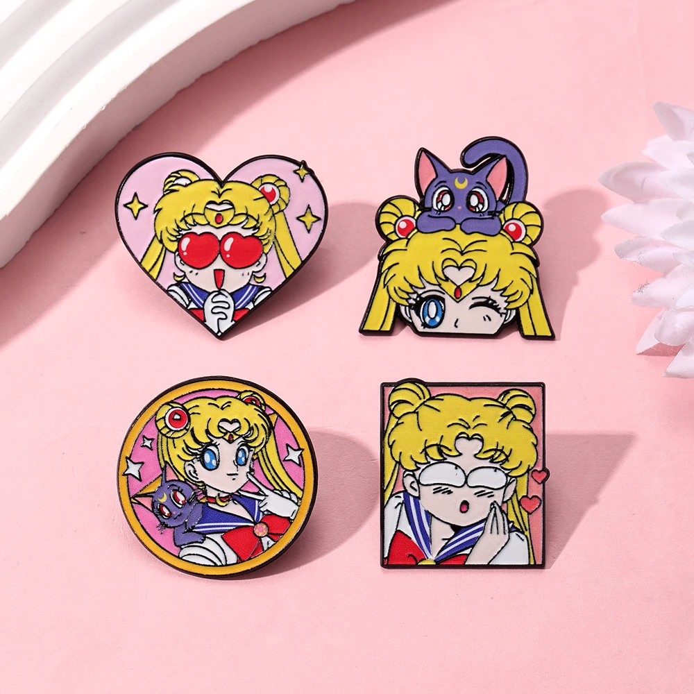 4 Pcs Sailor Moon Heart Shape Enamel Pins Cartoon Brooch Creativity Metal Badges for Backpack Clothing Jewelry Holiday Gift