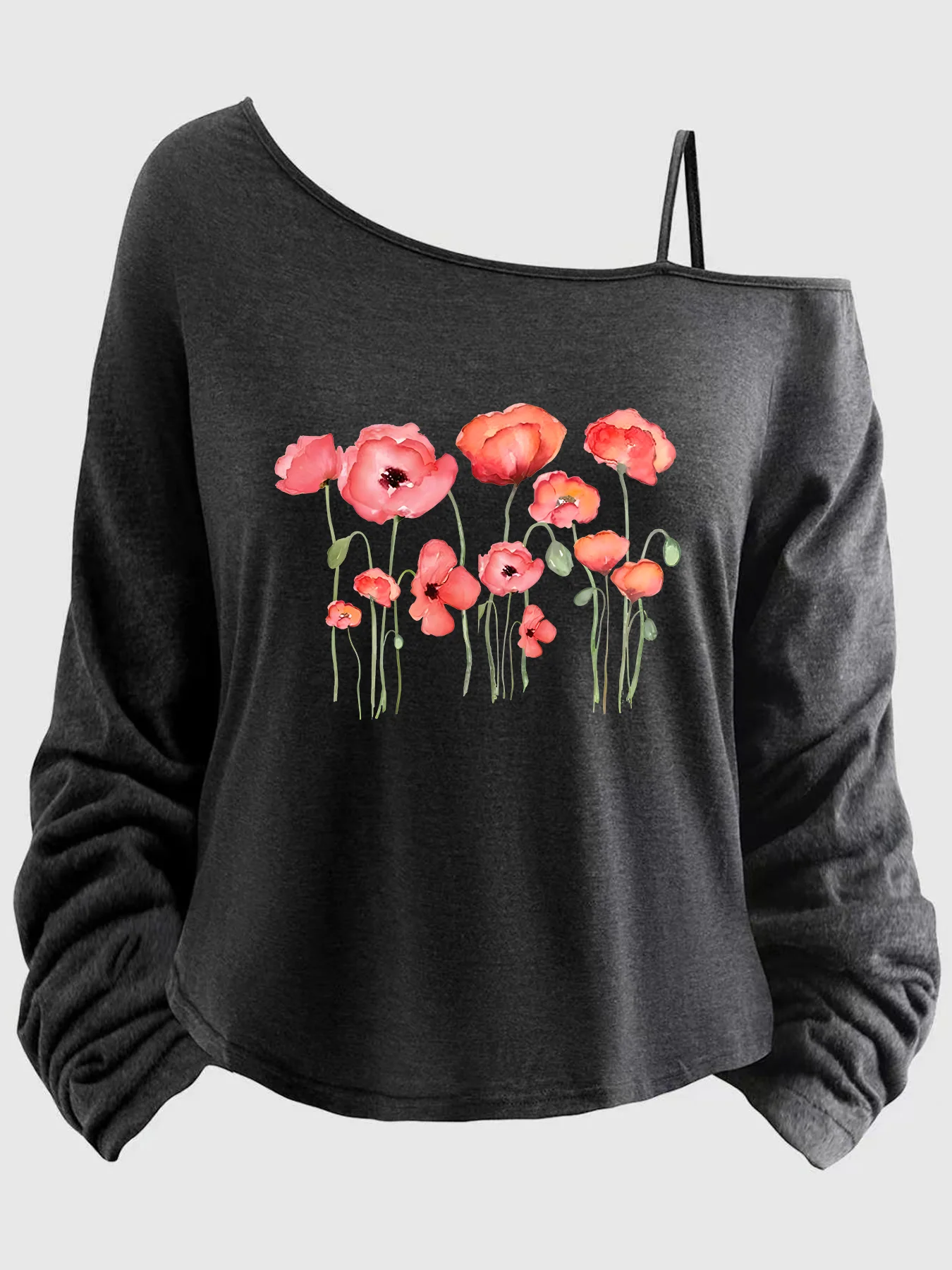 

Large-sized women’s top with printed sleeves, spaghetti straps, asymmetrical neckline, 1-8XL, letters (XT).