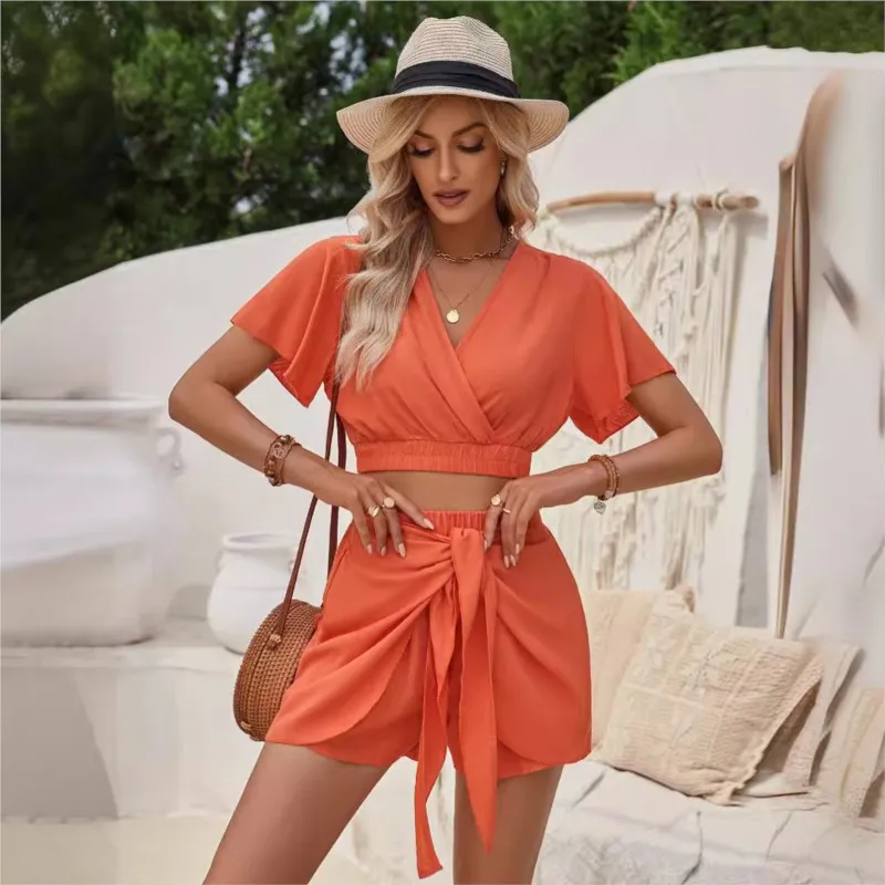 

Весна/Лето 2022, модный новый женский повседневный комплект с шортами с короткими рукавами и однотонным ремешком