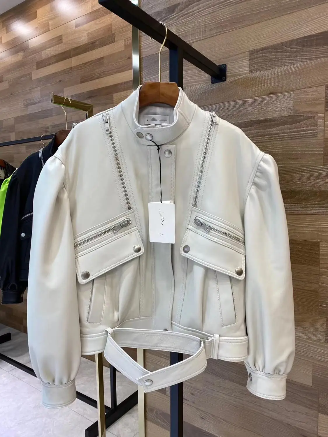 Manteau en cuir d'agneau véritable pour femme, veste en cuir pour femme, blanc, vert, noir, printemps