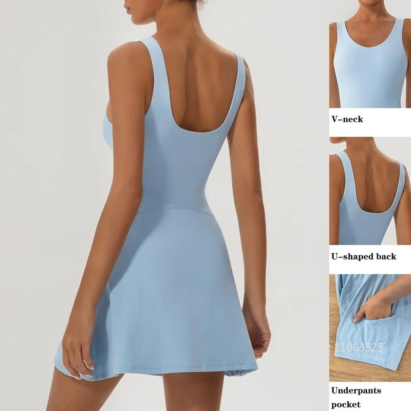 Women Tennis Sports Dress with Chest Pad Outdoor Fitness Quick-drying Golf Tennis Dress Lady Sleeveless V-neck Skirts with Short - Image 4