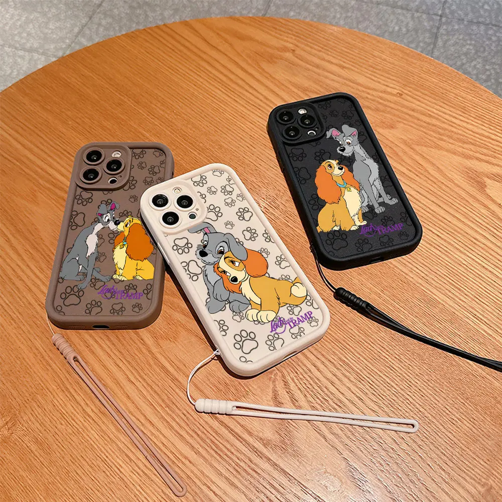 Cute Lady And The Tramp Phone Case for IPhone 15 14 13 12 11 Pro Max Mini XR XS X 7 8 Plus Soft TPU Back Cover With Hand Strap