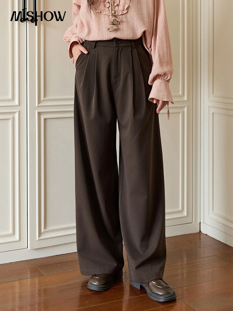 Mishow feminino sólido calças de perna larga 2025 outono moda minimalista de cintura alta calças soltas com bolsos calças mxe46k1090