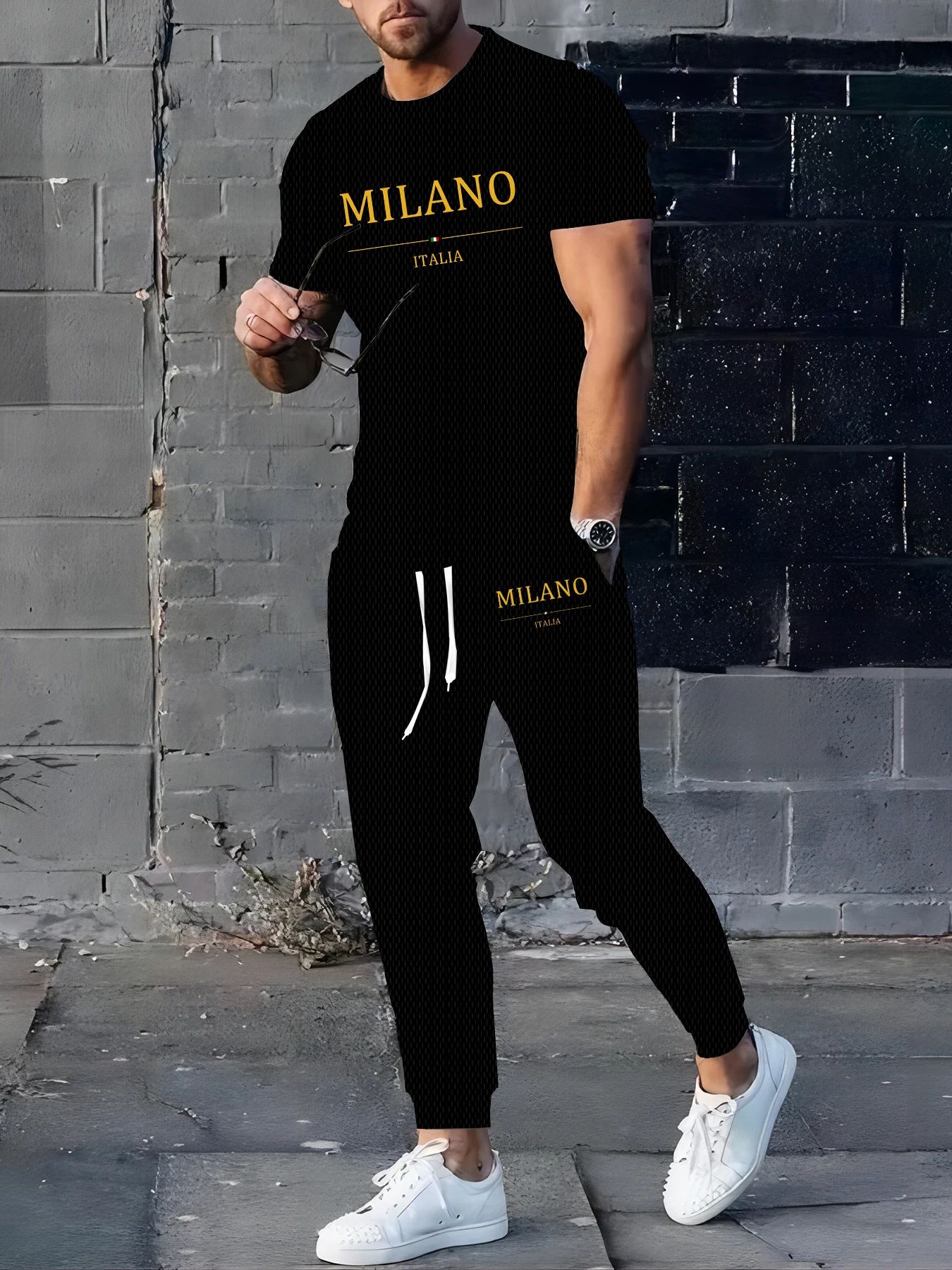 

A new summer streetwear men's set featuring simple casual fashionable soft comfortable and breathable letter prints