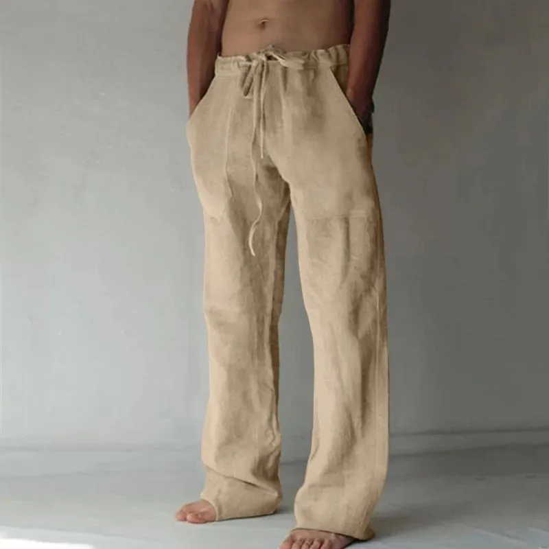 Pantalon Long en coton et lin pour hommes, couleur unie, respirant, décontracté, taille élastique, Harajuku, été