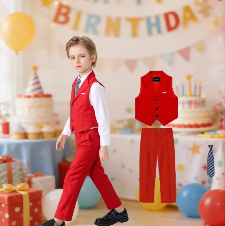 Russia Kids Spring Red 3Pieces/Set Vest Pants Tie  Photography Suit Boys Piano Host Wedding Dress Children Performance Costume