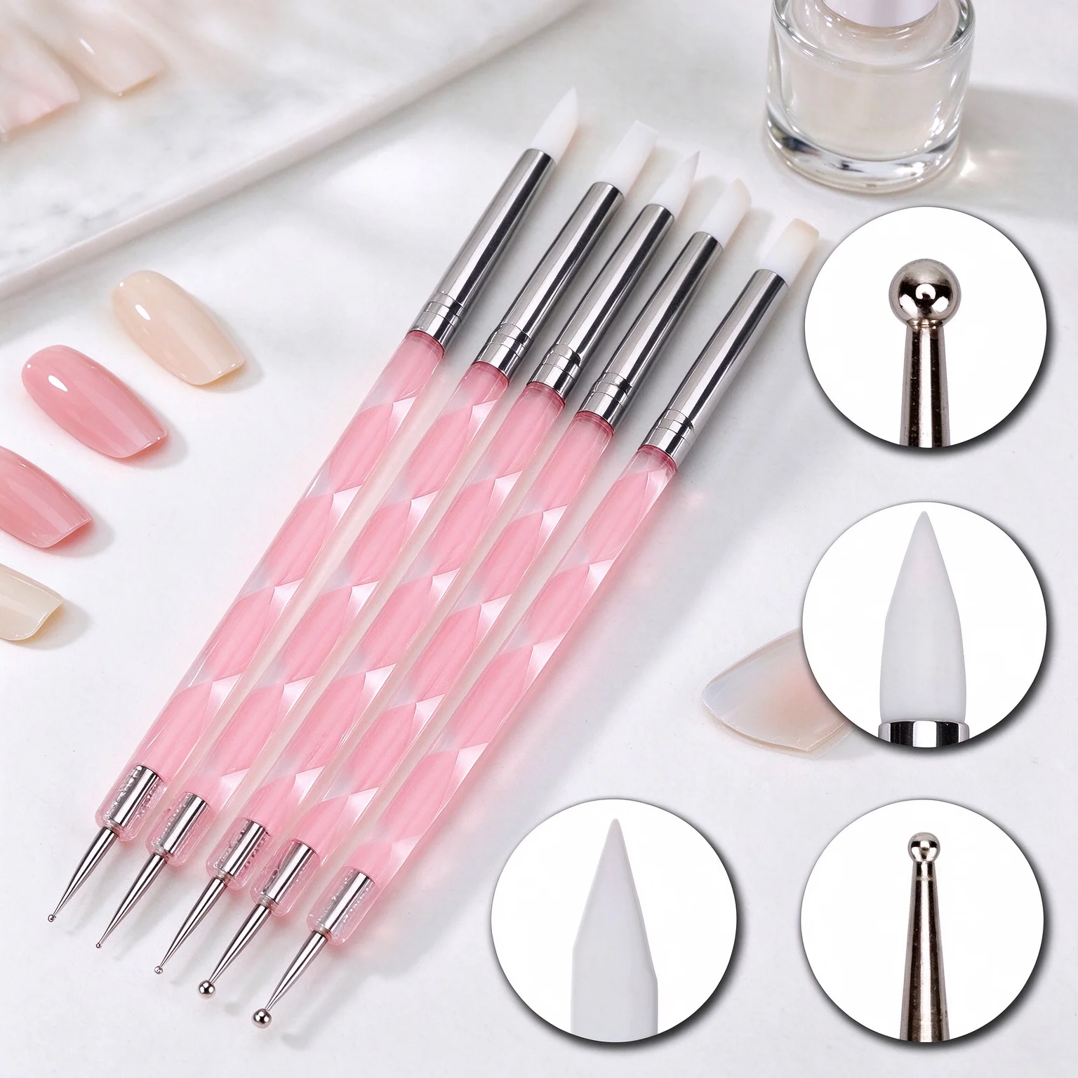 5Pcs 2 Way Nail Art Acrylic Silicone Point Flower Nail Pen Stainless Steel Dotting Tools Marbleizing Painting Pens