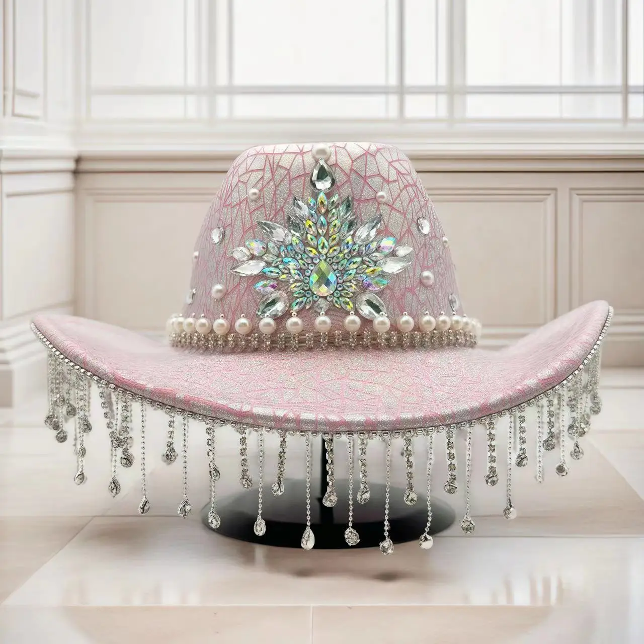 

HongLuan Pink Disco Costume Hat Adult & Cowboy Hats Rhinestone for Woman, Cowboy Cosplay Female Accessories & Cowgirl Cap