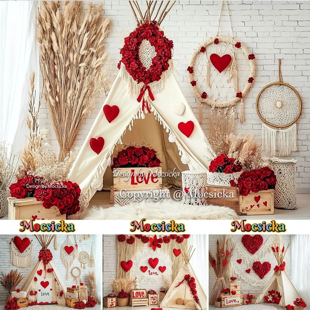 

Mocsicka День святого Валентина фон в стиле бохо для фотосъемки Ловец снов красное сердце сушеный цветок фон для фотостудии фотобудка