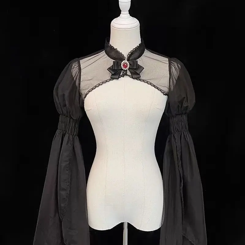 Lolita Short Shawl Coat Women Sweet Puff Long Sleeve Lace Ponchos Kawaii Bloody Rose Top Gothic Girls Cute Princess Capes
