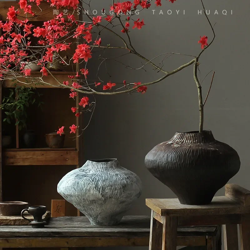 Retro Jingdezhen Ceramic Vase Wabi Sabi Zen Style Coarse Pottery Flower Arrangement for Living Room Tea Room Entrance Chinese