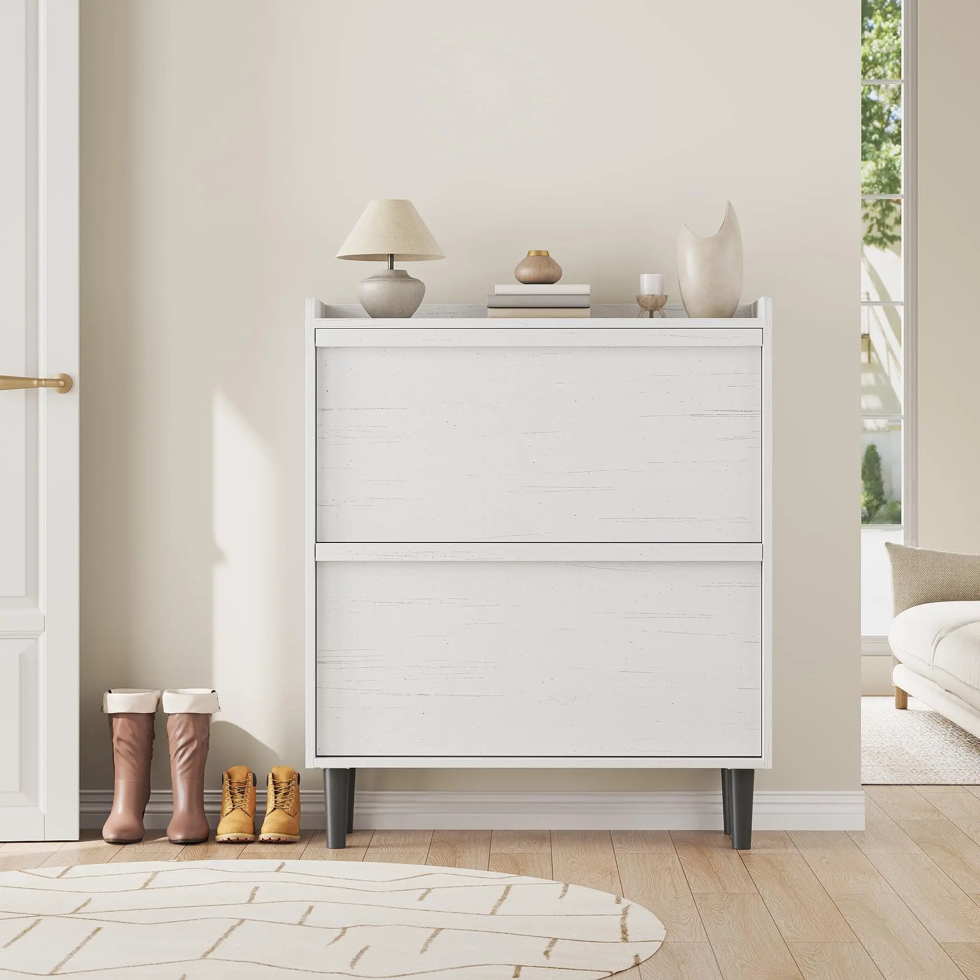 Hidden Wood Shoe Cabinet With 4 Flip Drawers And Adjustable Shelf Modern Narrow Slim Freestanding Organizer Space Saving Vertical Storage For Entryway Hallway