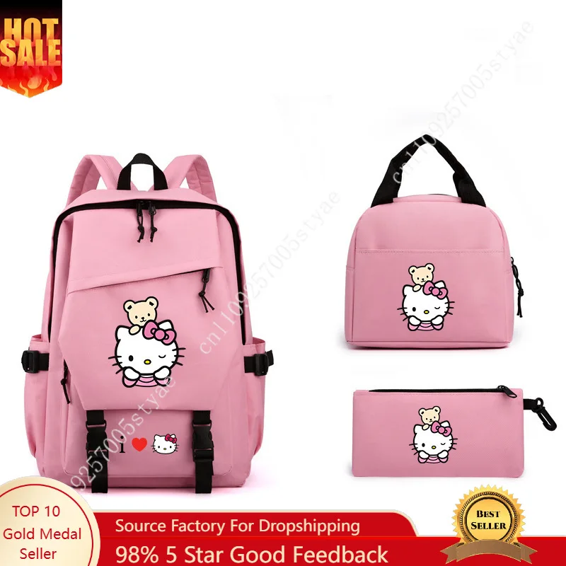 Sanrio Hello Kitty Printed Backpack 3-Piece Set — Schoolbag for Boys Girls and Students