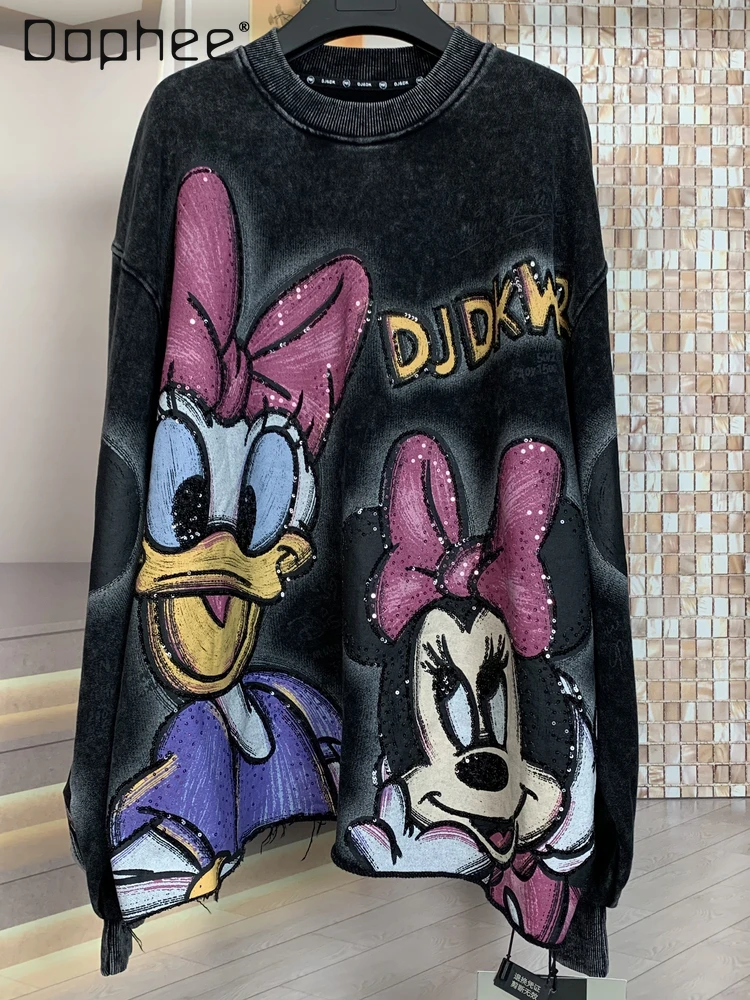 

Trendy Brand Printed Sequins Spring Autumn New Heavy Craft Cartoon Age-Reducing Fashion Cartoon Loose Round Neck Sweatshirt