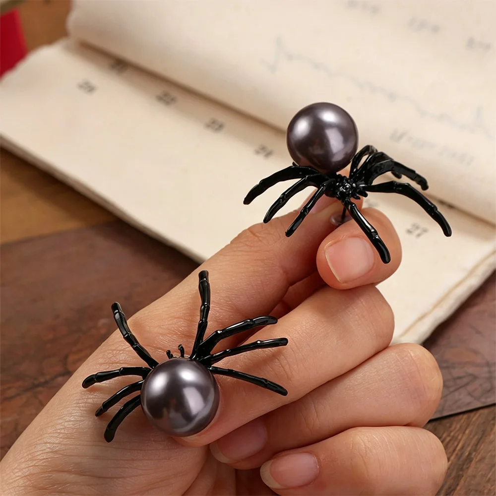 Vintage Alloy Halloween Earrings Dark Style Black Spider Stud Earrings Gothic Style Geometric Pearl Earrings Goth Festival
