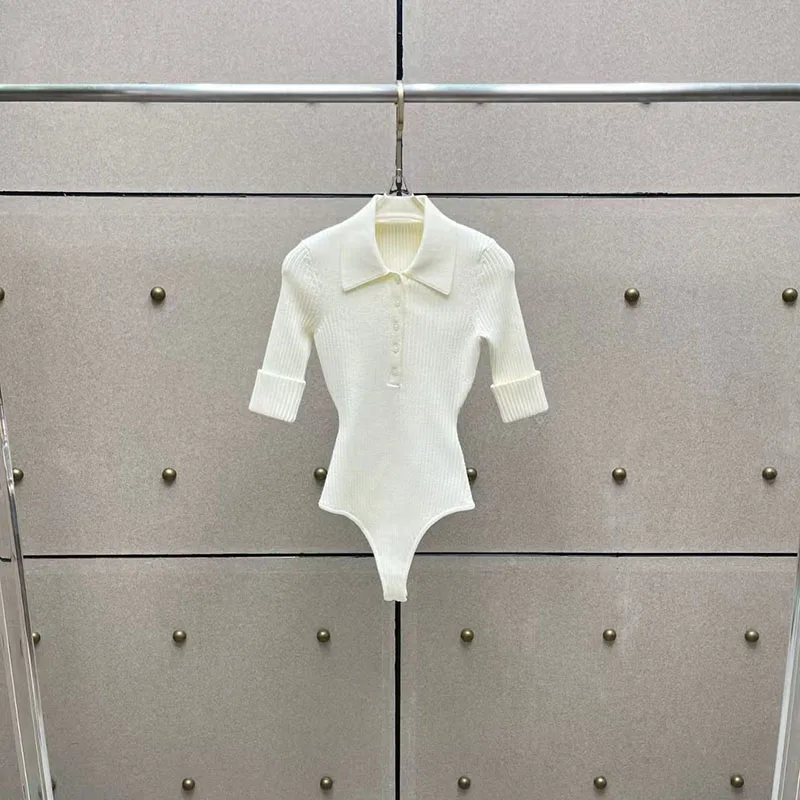 Women's Knit Collared Jumpsuit, Stylish and Sexy Stretch-Fit Top, Premium Quality T-Shirt, Commuter Knitwear, 2025, New Arrival