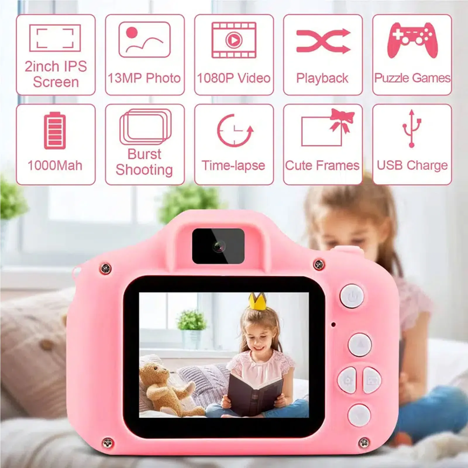 1080P Kids Digital Camera, Color Toy Kids Rechargeable Camera With 2 Inch Screen 8MP with32GB Card