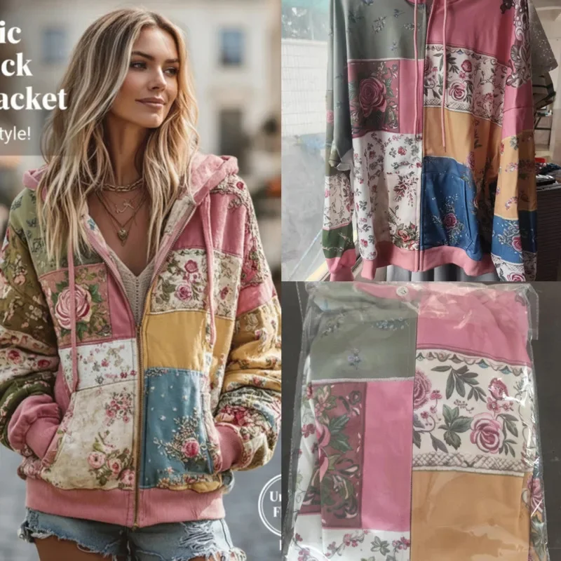 Print Flower Hoodie Top Women Autumn Spring French Y2K Hoodie Casual Floral Hoodie Loose Thin Polo Neck Coat Oversized Top New