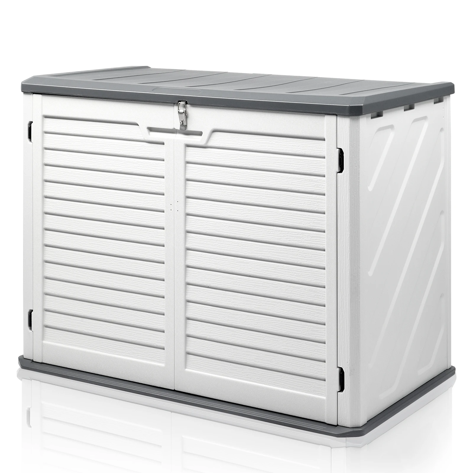 260 Gallon Horizontal Outdoor Storage Shed Lockable HDPE Plastic Garden Storage Cabinet White With Grey Top Horizontal Stripes Patio Storage Box