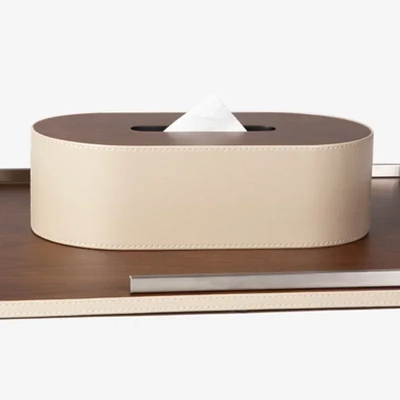 Simple modern light luxury walnut leather tray tissue box ornament