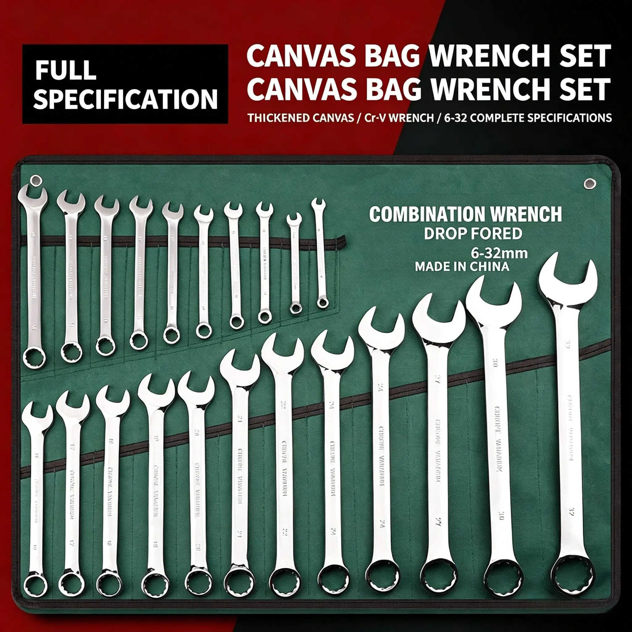 

Набор комбинированных ключей с двумя концами (открытый и рожковый), 15 предметов, в холщовой сумке.