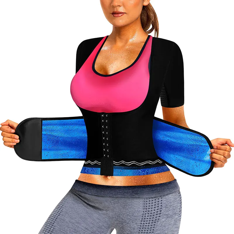 Sauna Suit for Women Slimming Short Sleeve Shirt Sweat Vest Heat Trapping Top Workout Shaperwear with Adjust Belt and Breathable