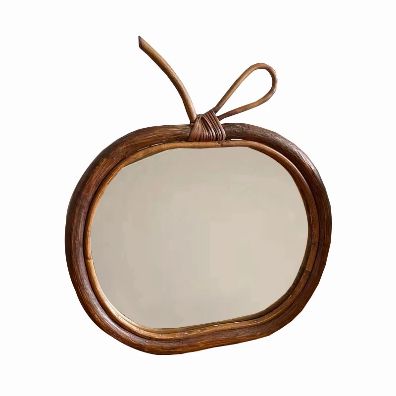 Rattan makeup mirror round apple mirror real rattan outer frame literary style retro style Japanese style wall hanging