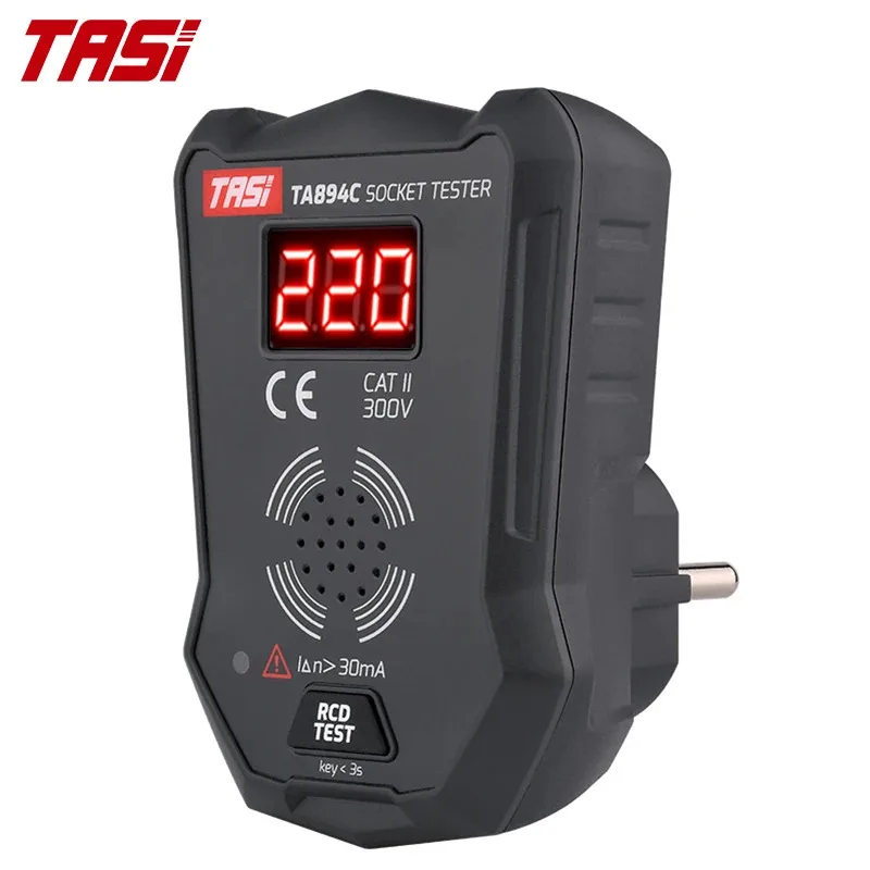 

LED IndicatorTASI TA894C 175V~250V Voltage Tester Voice RCD GFCI EU Plug European Wall Socket Tester Industrial Use (2.0%+2) Acc