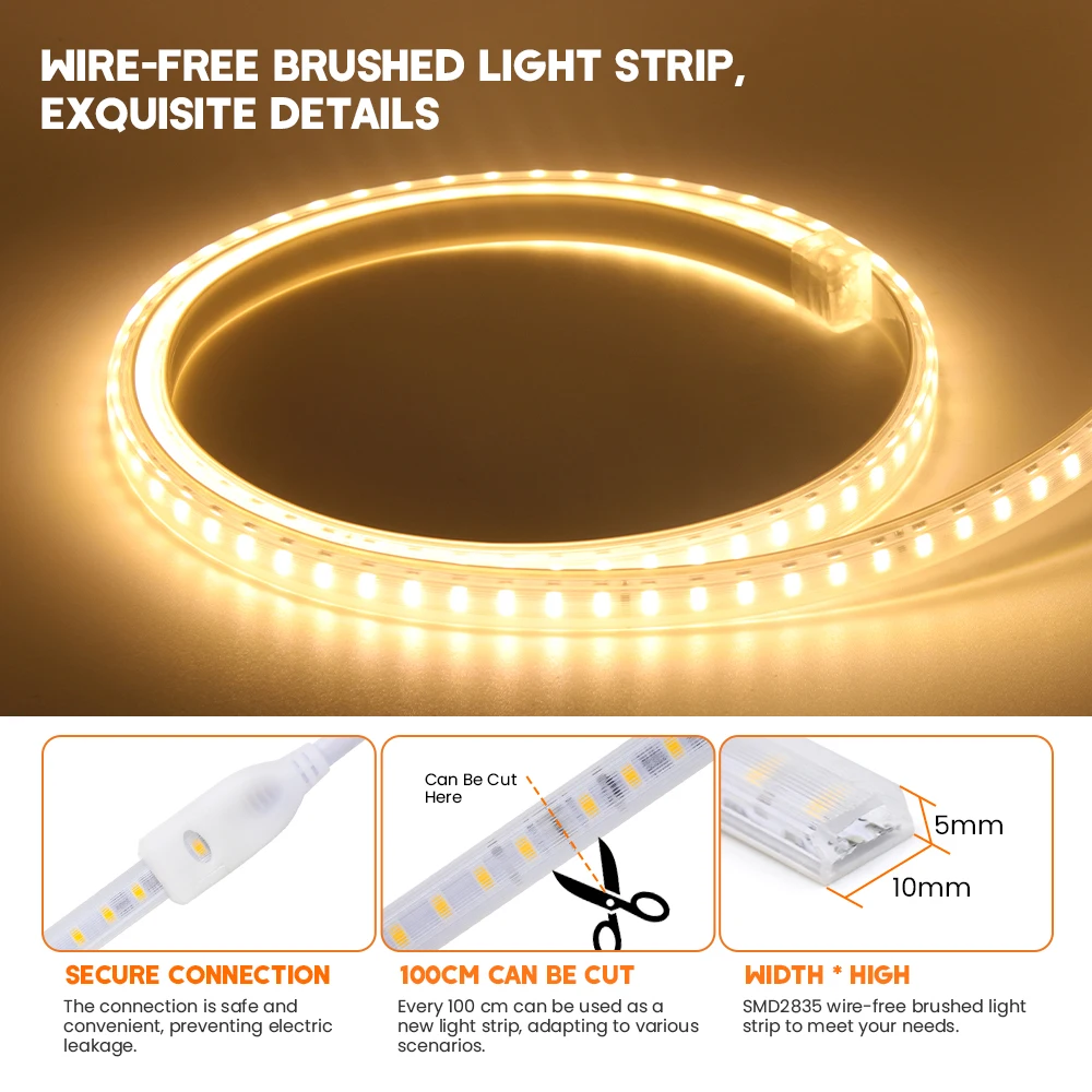 220V Waterproof Outdoor LED Strip 2835 120LEDs/m Flexible LED Tape With Switch EU Plug Warm White/Natural White/White Light