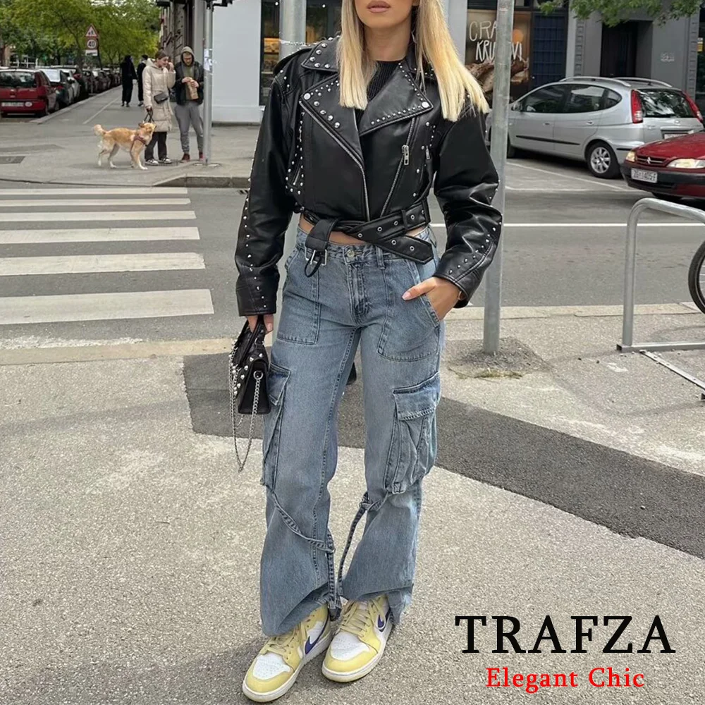 TRAFZA Classic Basic Denim Pants Women\'s Mid-rise Jeans With Pocket New 2024 Spring Summer Fasion Commuter Workwear Trousers