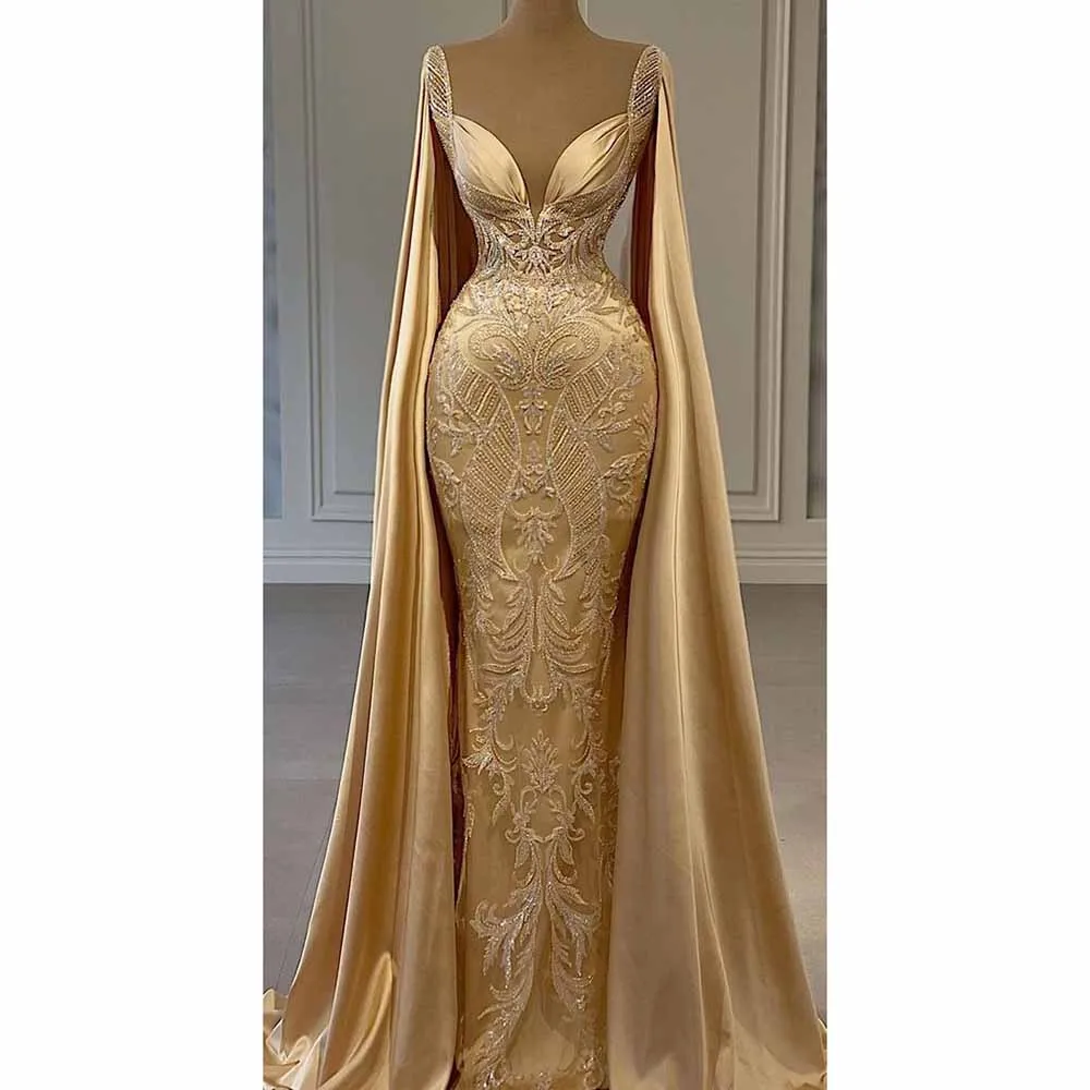 

KSDN Golden Evening Dress Cape Long Sleeve Appliques Straight Floor Length Luxury Prom Gown Formal Occasion Party Guest 2024