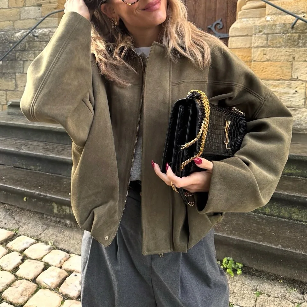 Women Army Green Faux Suede Cropped Bomber Jacket Lapel Shoulder Strap Oversized Batwing Loose Short Coat