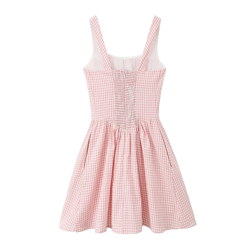 YENKYE Summer Women French Pink Plaid Sleeveless Tank Dresses Elegant Square Neck Low Waist Female A-line Short Dress Holiday