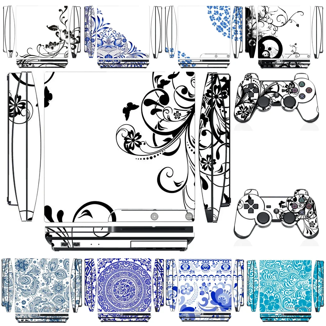 Protector de pegatina de piel de vinilo blanco azul para Sony PS3 Slim PlayStation 3 Slim y 2 pegatinas de pieles de controlador