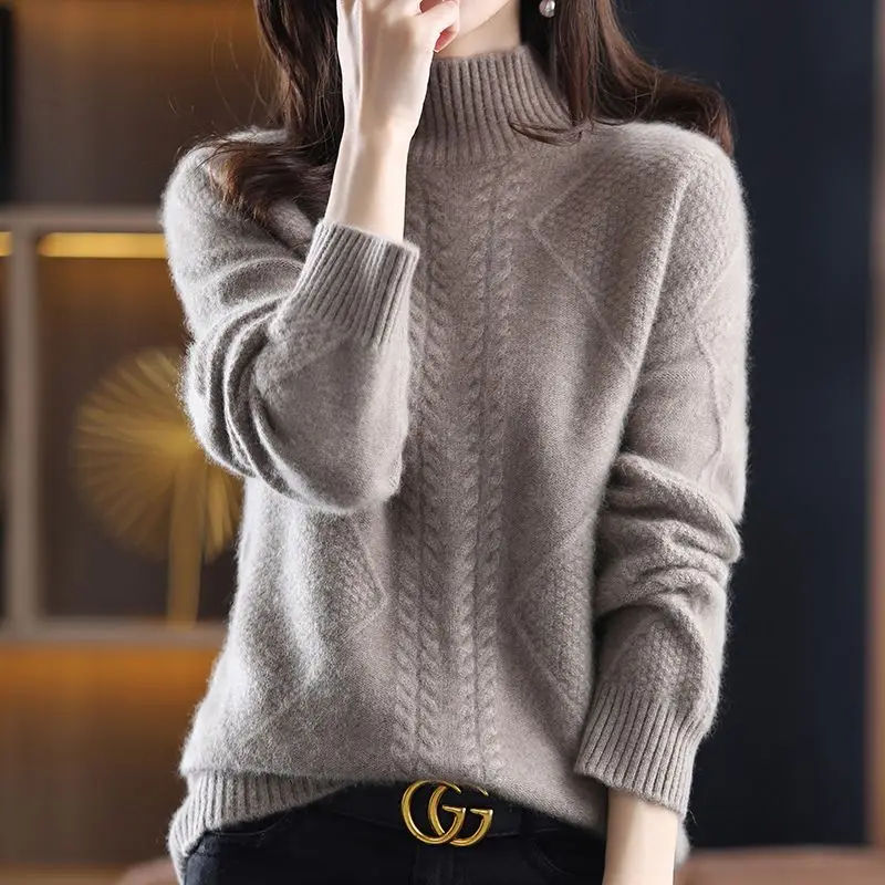 

Women Autumn and Winter New Korean Style Half-turtleneck Sweater Solid Color Supple Loose Versatile Thickenand Long-sleeved Top