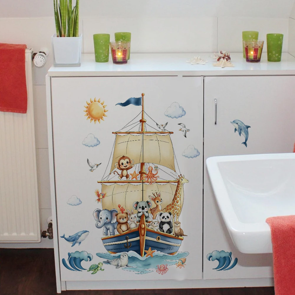 Cartoon Sailboat Safari Animals Wall Sticker Ocean Sea Life Wall Decal for Baby Nursery Kids Bedroom Home Art Decor