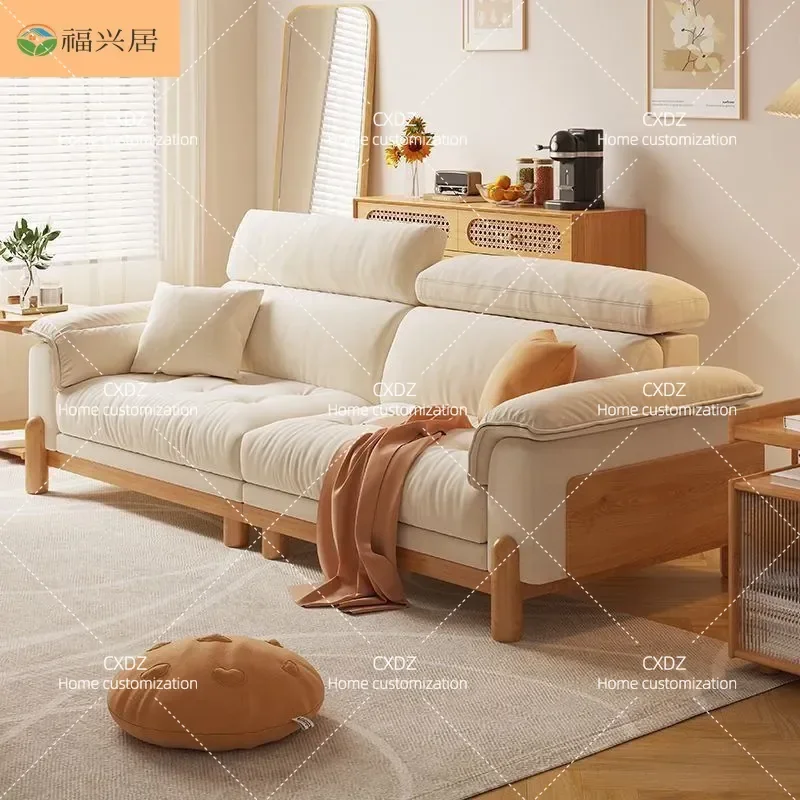Modern Simple Solid Wood Fabric Sofa Japanese Style Straight Row Cream Living Room Small Apartment Nordic Log Sofa