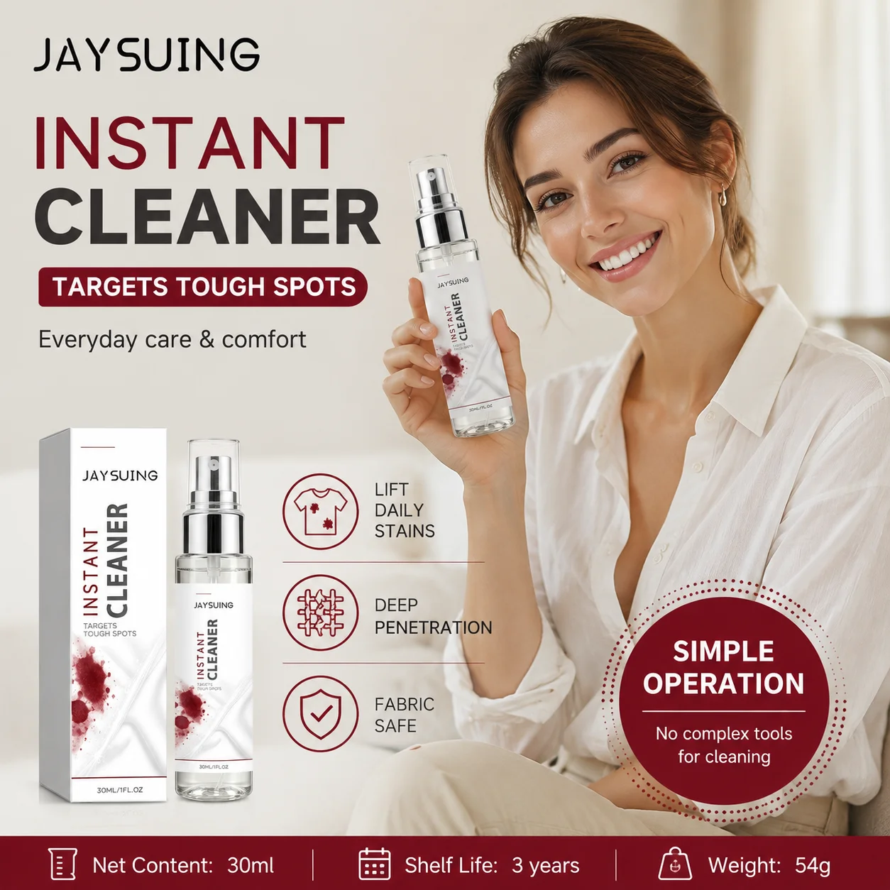 Jaysuing Instant Cleaner Deep Penetration Cleaning Remove Food Stains Fabric Safe No Residue Portable Fabric Stain Remover 30ml