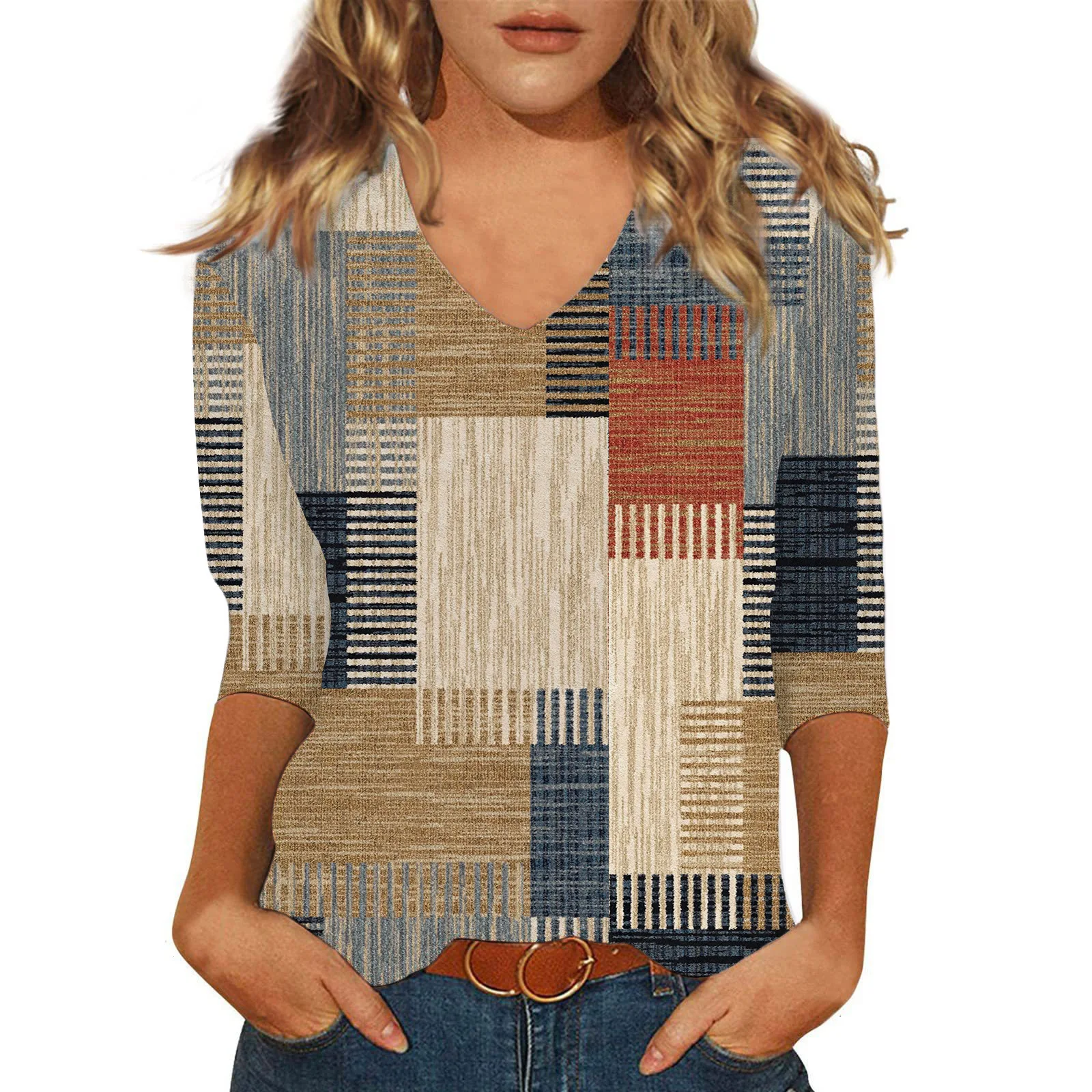 

Women's 2026 New Summer 3D Geometric Print Blouse V Neck Three Quarter Sleeve Casual Tunic Top