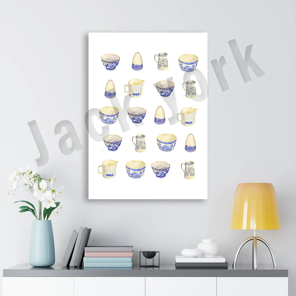 Vintage teacup, blue and white teacup print, watercolor vintage ceramics, chinoiserie art print, kitchen decor poster