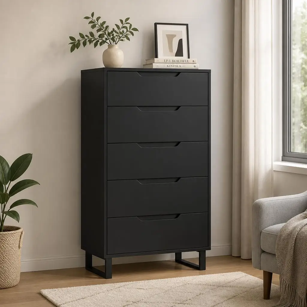GarveeLife Tall 5-Drawer Wooden Dresser for Entryway – Freestanding Storage Chest for Bedroom, Living Room, Modern Rustic Organizer with Adjustable Feet, Waterproof MDF Top
