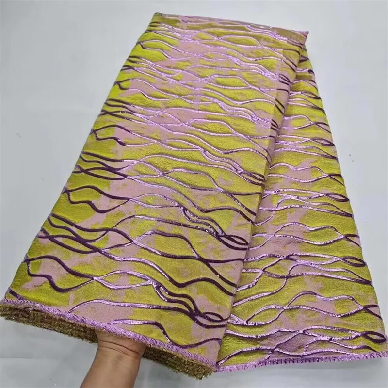 

African Brocade Jacquard Lace Fabric for Wedding Dress, Nigerian Tulle Lace Fabric, Pink and Yellow, 2023, New