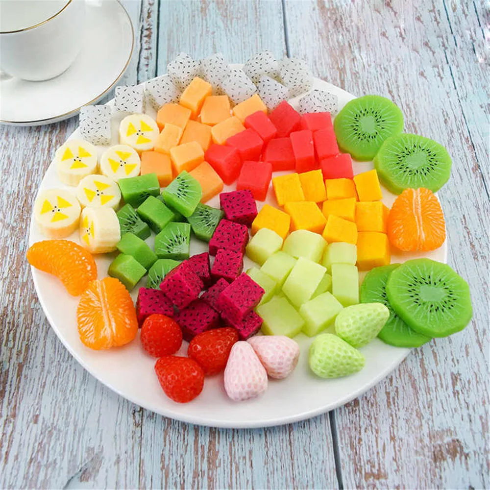 

3 Pcs/Lot artificial kiwi fruit orange lemon mango watermelon apple strawberry pineapple fake simulation fruit slices cubes