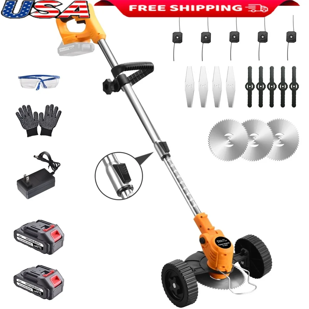 

Cordless Electric Weed Wacker 4-in-1 String Trimmer with Wheels 800W Motor Adjustable Length 2Pcs 21V Batteries 4 Blades