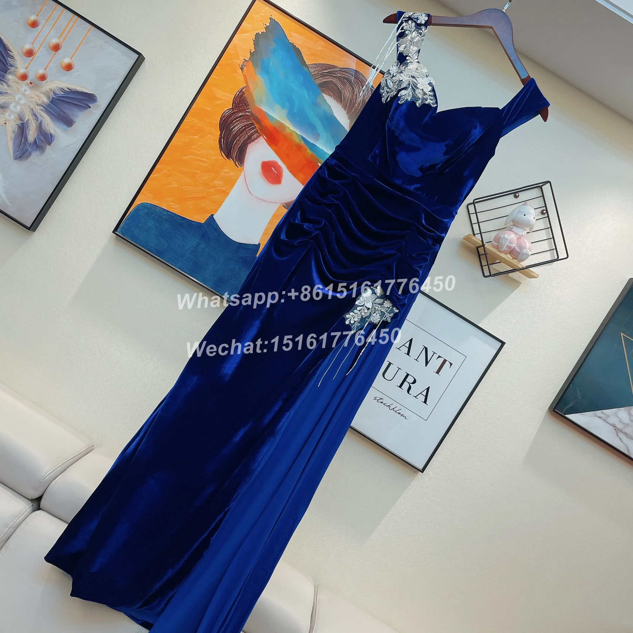 Royal Blue Velvet Mermaid Bridesmaid Dresses With Appliques High Split Plus Size Women Off Shoulder Prom Dress Wedding Party