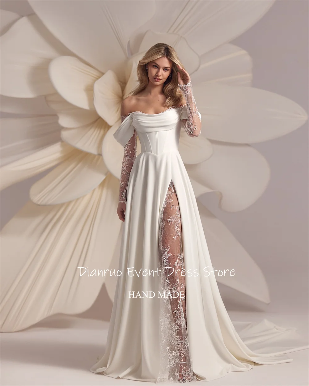 Dianruo tribunal trem apliques vestido de casamento cetim renda vestido de noiva fora do ombro alta fenda vestido de noite romântico personalizado