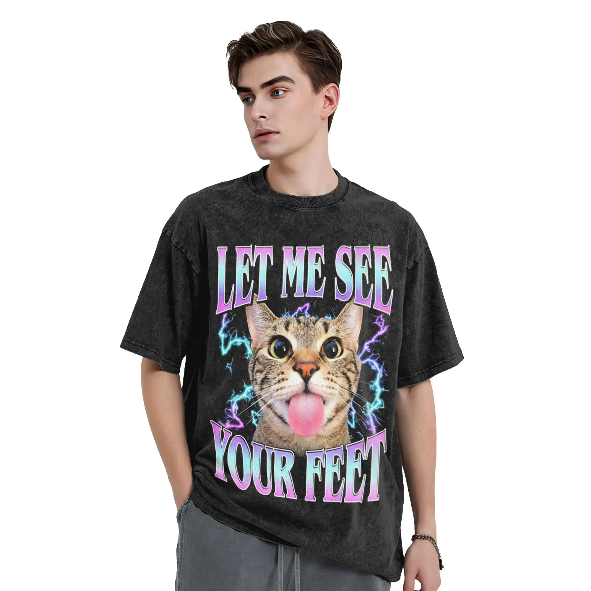Washed T Shirt Let Me See Your Feet Silly Kitten Meme Hip Hop Vintage T-Shirts Harajuku  Streetwear Tops Tee Shirt Men Women