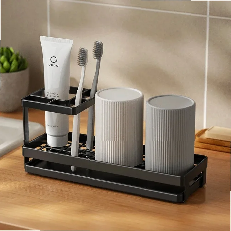 1PC Multifunction Steel Frame Toothbrush & Toothpaste Holder, Mouthwash Cup Storage Rack, Bathroom Counter Organizer Shelf