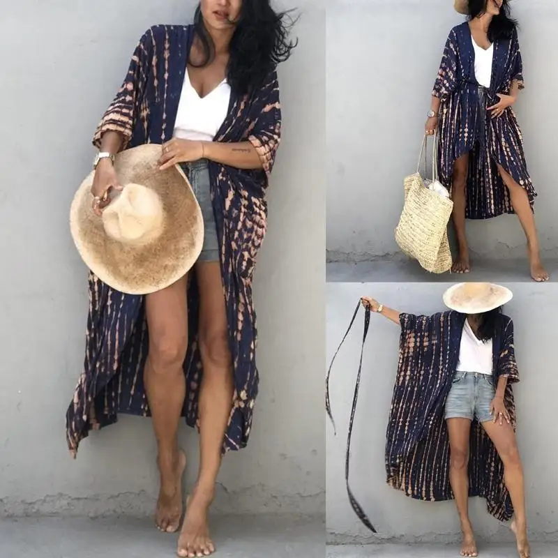 

X9FF женский купальник бикини с рукавами 3/4 в полоску с принтом тай-дай кимоно кардиган с открытой передней частью и поясом на