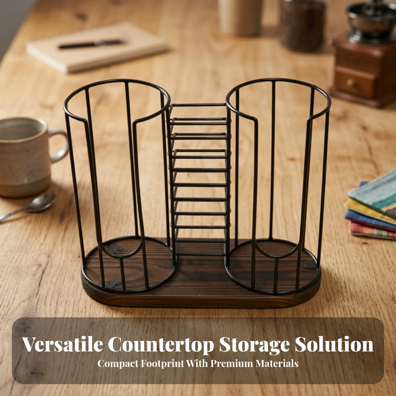 Countertop Organizer Low-Profile Cupware Organizer with Wood Base Wire Rack with Central Divider Space-Saving for Kitchen